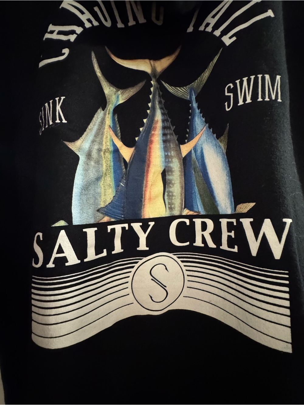 Salty Crew Men’s Black Swim Rash Guard with Blue, Yellow and Gold Fish Graphic